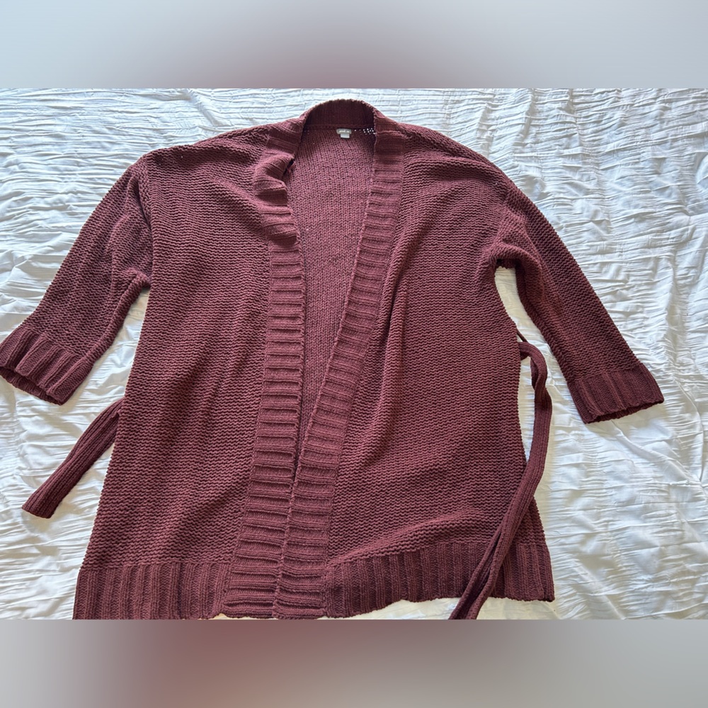 Aerie Maroon Open Front Belted Cardigan Size M